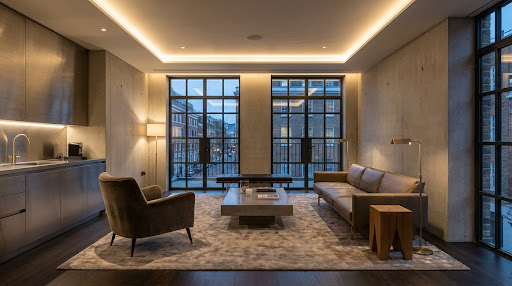 High-end architectural photography of a modern London residential interior