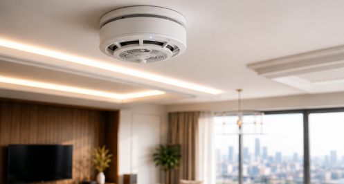 High-end architectural photography of a luxury modern London residential interior with a minimalist fire alarm.