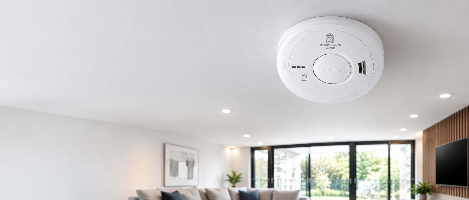 High-end architectural photography of a luxury modern London residential interior with a minimalist fire alarm.